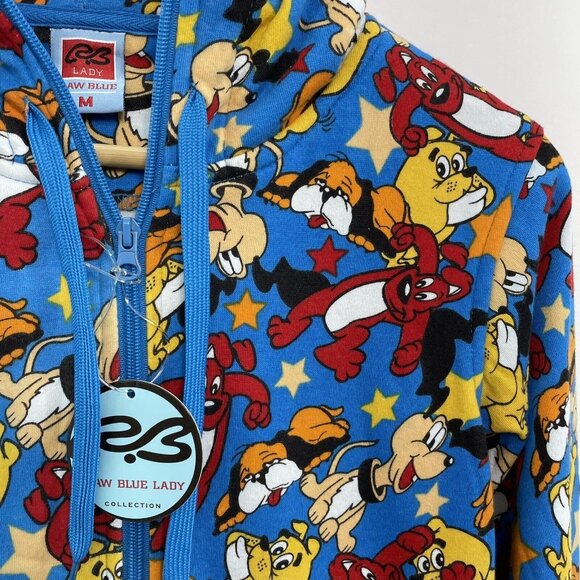 Raw Blue Tops - Vintage Raw Blue Lady Hoodie Cartoon Dogs AOP Anime Graphic Colorful Womens M